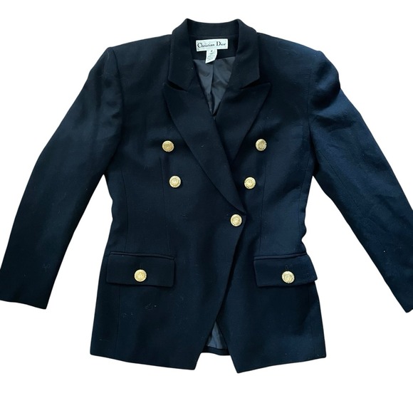 Christian Dior Vintage Designer Worsted Wool Military Blazer Gold Button Black 6 - Picture 1 of 7